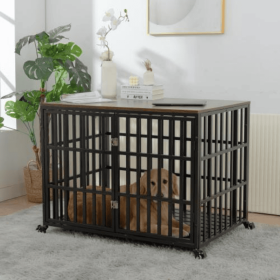 Heavy Duty Wooden Dog Cage For Large And Medium Dogs Furniture Style Indoor Pet Cage With Wheels And Lock
