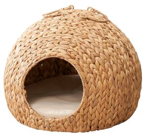 Water Hyacinth Woven Wicker Round Cat Bed Cave With Handles